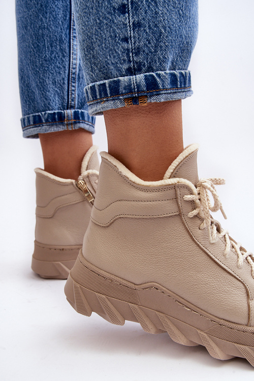 Ocieplane Skórzane Botki Damskie Na Platformie Beżowe Lemar Jevette