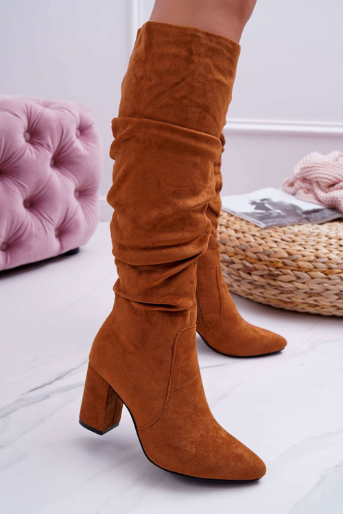 Kozaki Damskie Na Słupku Do Kolana Zamszowe Camel Bemma