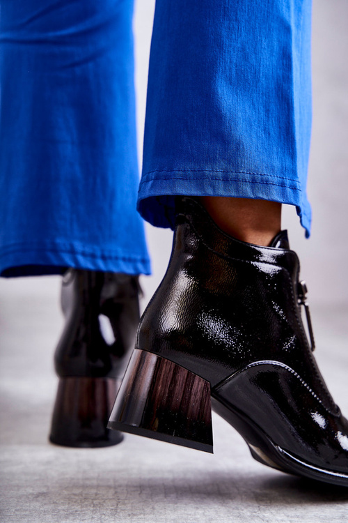 Damskie Lakierowane Botki Z Suwakami Czarne Cristel