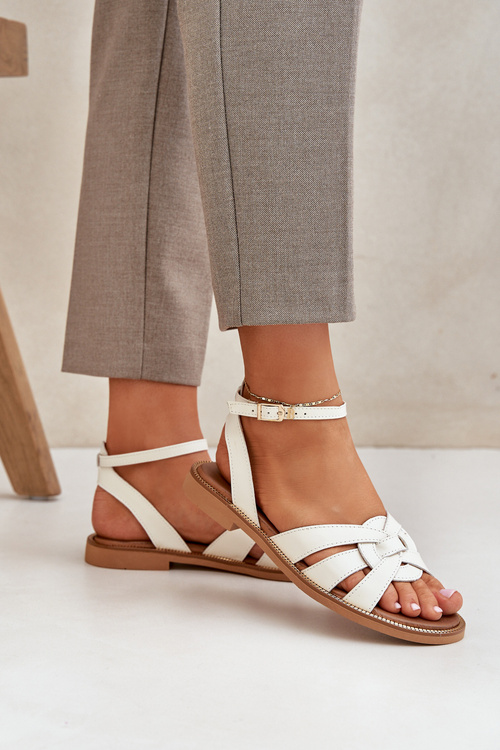 Skórzane Sandały Damskie Na Płaskim Obcasie Zazoo 3688 Ecru