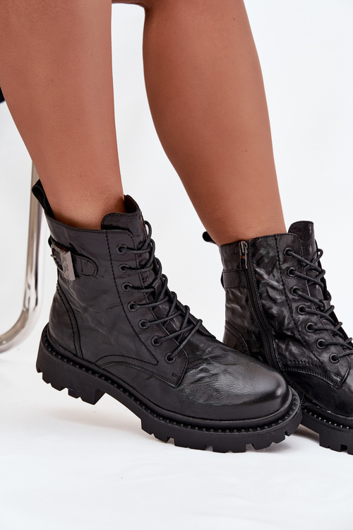 Skórzane Botki Damskie Z Efektem Marszczenia I Klamrą Artiker 57C1008 Czarne