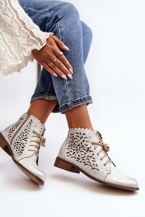 Zazoo 2871 Ażurowe Botki Damskie Sznurowane Srebrne