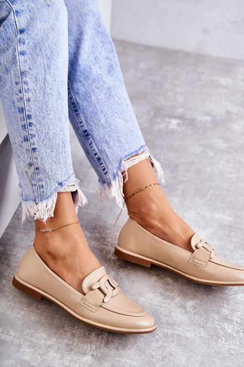 Damskie Skórzane Mokasyny Z Ozdobą Beżowe Kerrie