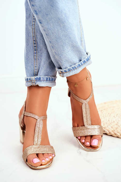 Sandały Damskie Na Słupku Brokatowe Złote Perfecto