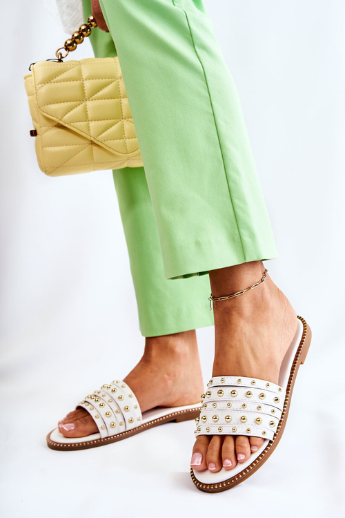 Damskie Skórzane Klapki Z Ozdobą Białe Brien