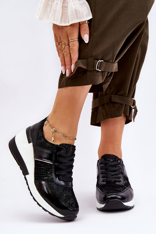 Damskie Skórzane Buty Sportowe Na Koturnie Czarne Crosby