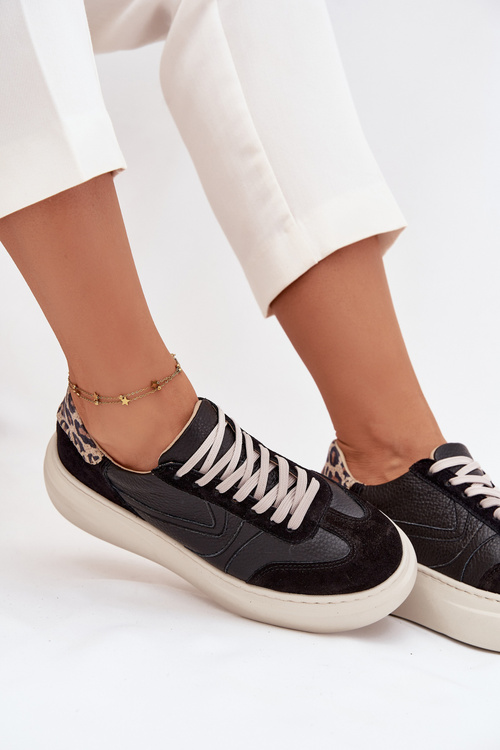 Skórzane Sneakersy Damskie Na Platformie Panterka Zazoo N1263 Czarne