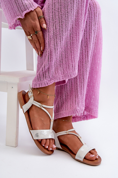 Damskie Płaskie Sandały Z Paskami S.Barski KV27-010 Biało-Srebrne