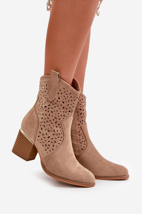 Ażurowe Botki Na Słupku Z Eko Zamszu Zapinane Na Zamek Ciemnobeżowe Sevana