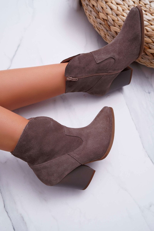 Botki Damskie Na Obcasie Skóra Zamsz Cappuccino Nicole 2433