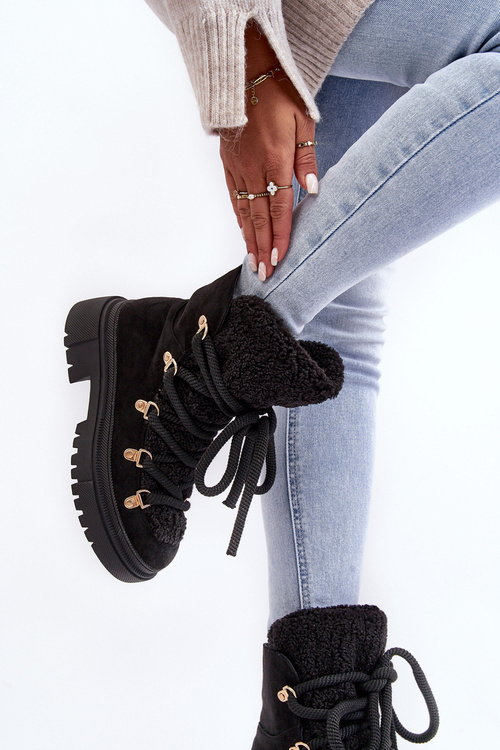 Trapery Śniegowce Damskie Z Wiązaniem Czarne Shala