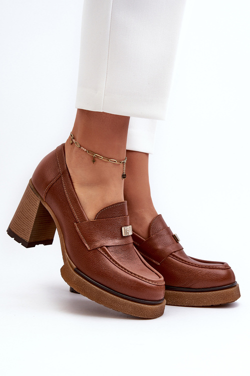 Zazoo 20169 Skórzane Półbuty Na Obcasie Brązowe