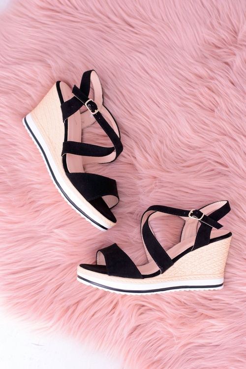 Damskie Czarne Sandały Na Koturnie Showen