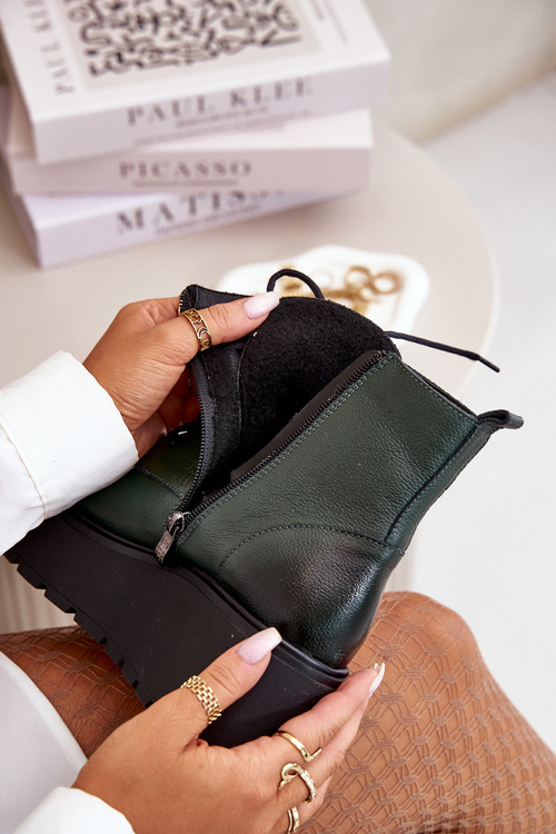 Zazoo 60499 Damskie Botki Na Platformie I Koturnie Ocieplane Skóra Naturalna Ciemnozielone