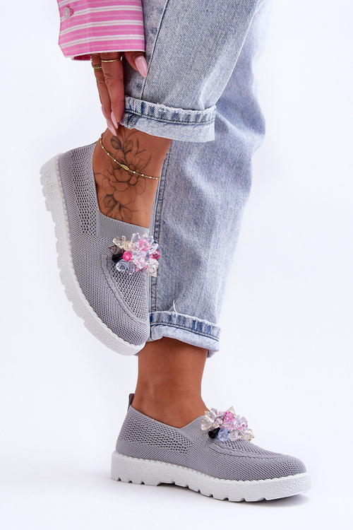 Damskie Wsuwane Tenisówki Z Kamieniami Szare Simple