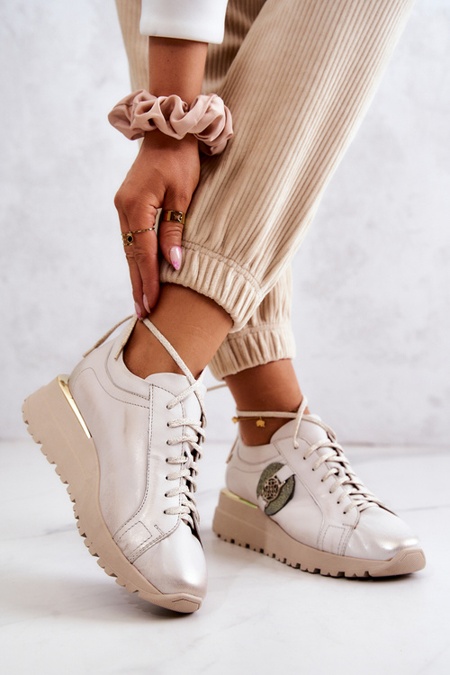 Skórzane Buty Sportowe Na Koturnie Maciejka 05492-04 Beżowe