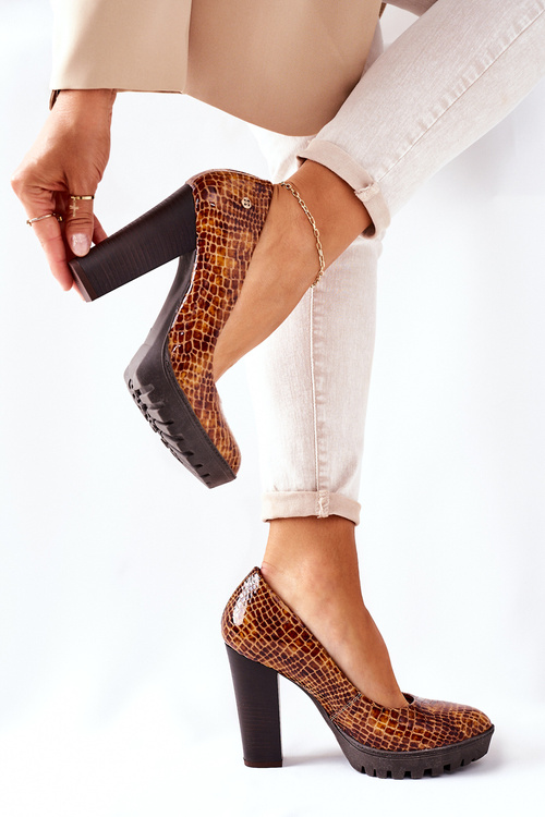 Skórzane Czółenka Na Słupku Maciejka 02629-50 Lakierowane Rudy