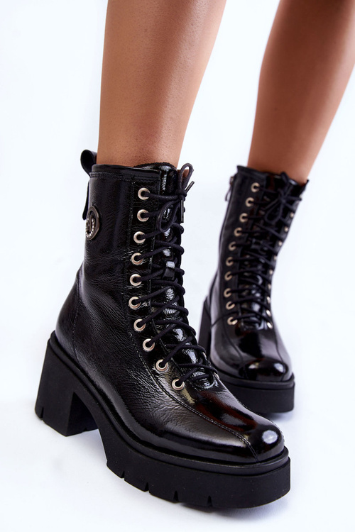 Modne Skórzane Ocieplane Botki Na Obcasie Czarne Illusion