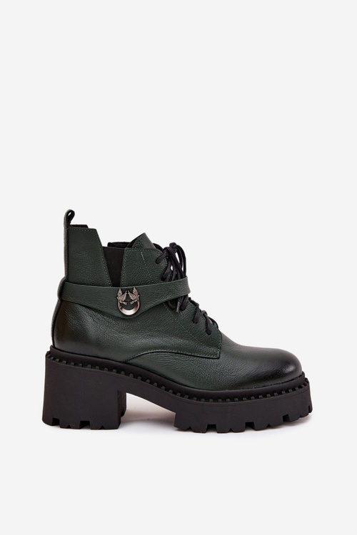 Skórzane Botki Damskie Na Klocku Z Ozdobnym Paskiem Ocieplane Zazoo 60557 Ciemnozielone