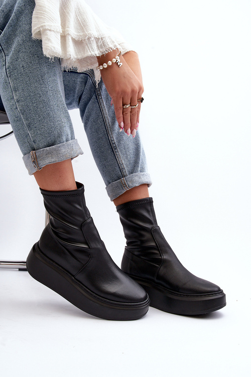 Zazoo 3395 Skórzane Botki Damskie Na Masywnej Platformie Czarne