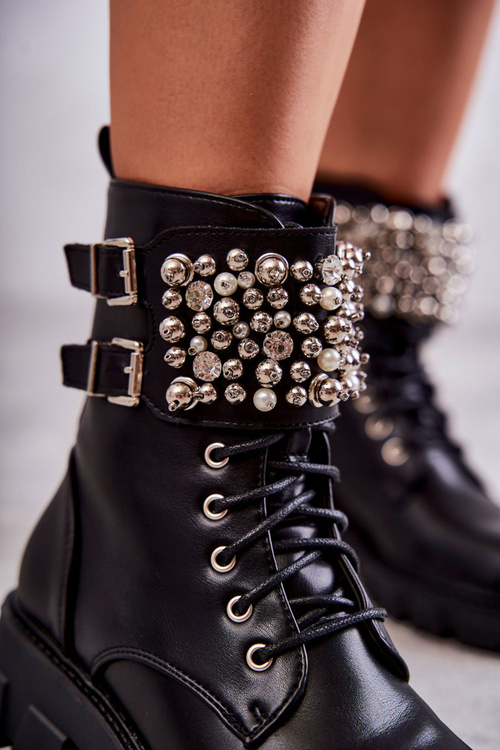 Damskie Botki Z Ozdobami Wiązane Czarne Leonese