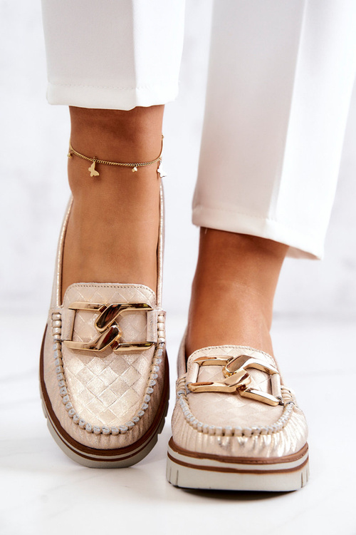 Damskie Skórzane Mokasyny Na Platformie Złote Venesia