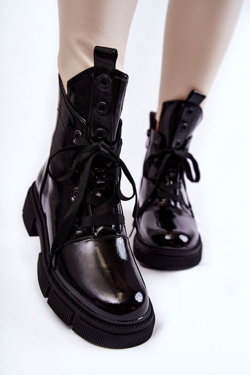 Damskie Lakierowane Ocieplane Botki Workery Czarne Efemia