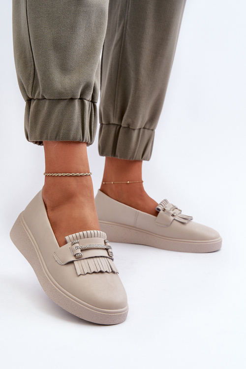 Lekkie Mokasyny Damskie Skórzane Na Platformie Beżowe S.Barski LR590