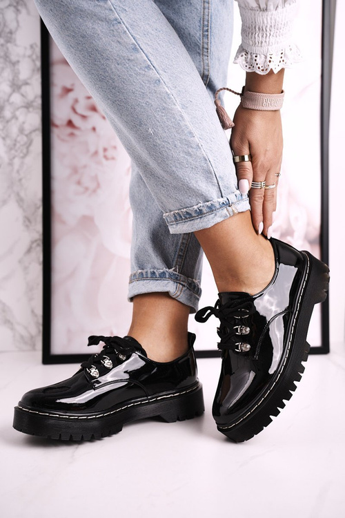 Damskie Półbuty Oxfordy Na Platformie S.Barski HX15 Lakierowane Czarne