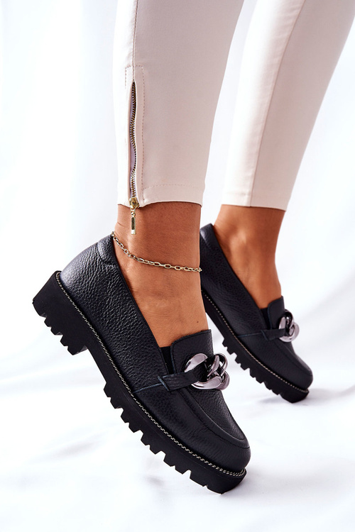 Damskie Półbuty Skórzane Loafery Czarne Sthonto