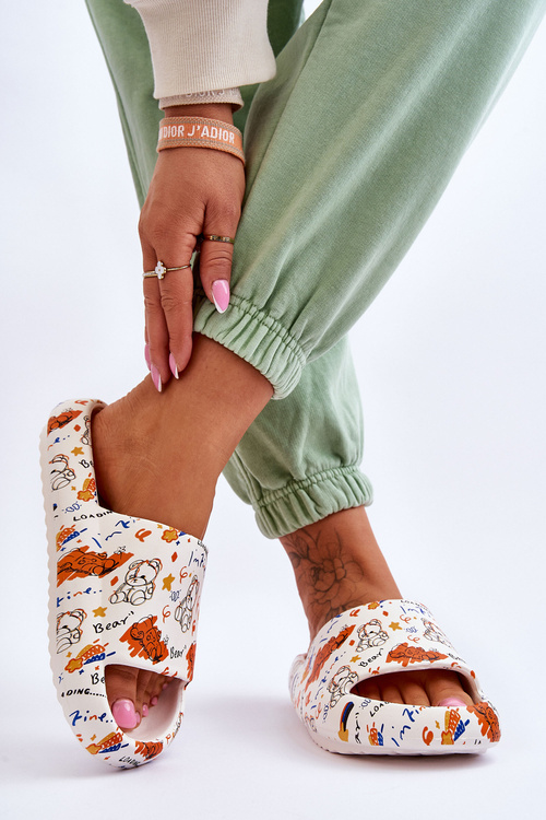 Damskie Piankowe Klapki W Misie I Napisy Beżowo-Pomarańczowe Zoey