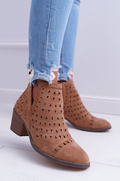 Botki Damskie Na Słupku Ażurowe z Wycięciami Brązowe Mediolan