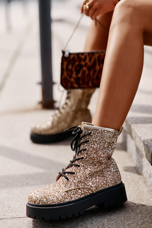 Ocieplane Botki Workery Damskie Ozdobione Cekinami Złote Liatheine