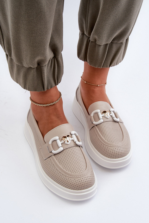 Skórzane Mokasyny Damskie Na Platformie Beżowe S.Barski LR720