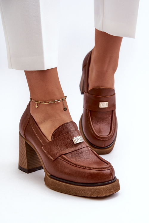 Zazoo 20169 Skórzane Półbuty Na Obcasie Brązowe