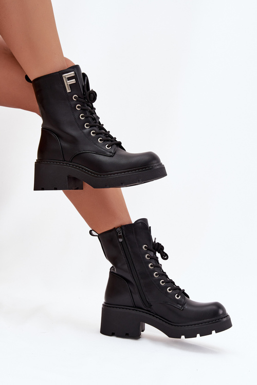 Botki Workery Damskie Na Klocku Ocieplane Z Literą F Czarne Lurina