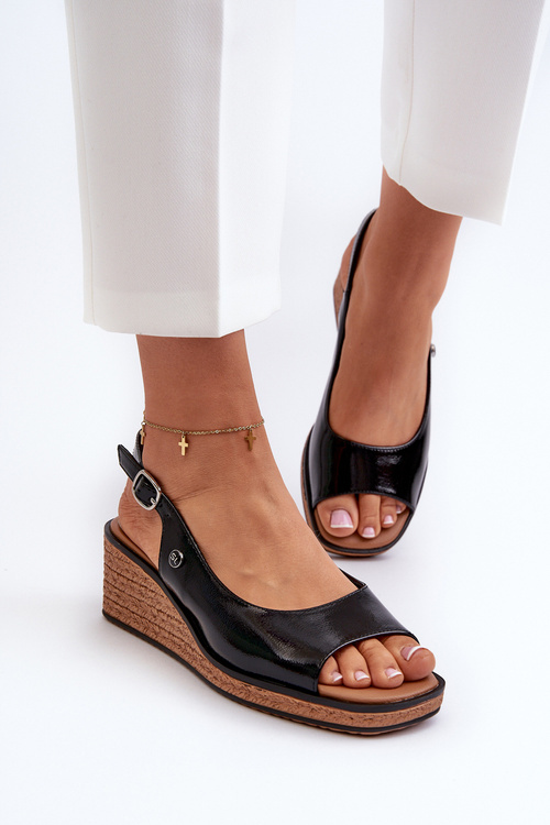 Damskie Lakierowane Sandały Na Koturnie Sergio Leone SK301 Czarne