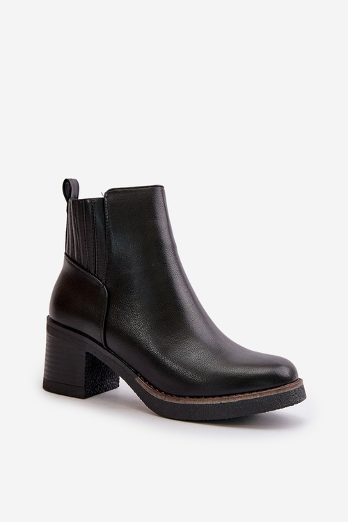 Ocieplane Botki Damskie Na Słupku Eko Skórzane Czarne Irittes