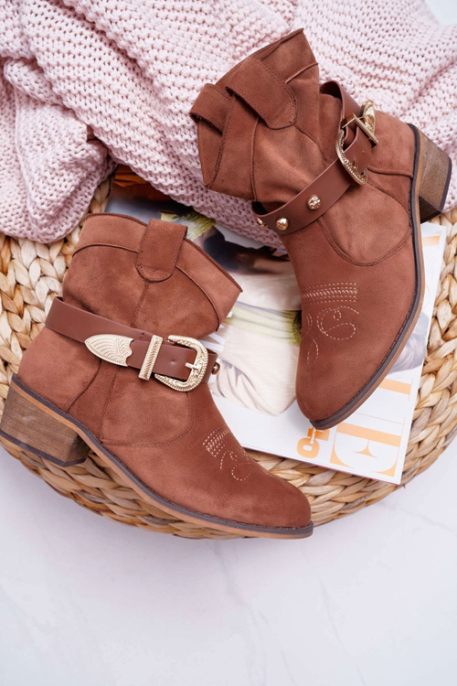 Botki Damskie Płaski Obcas Kowbojki z Klamrą Camel Ewella