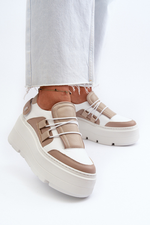 Zazoo 1833 Sneakersy Damskie Skórzane Na Masywnej Podeszwie Beżowo-Białe