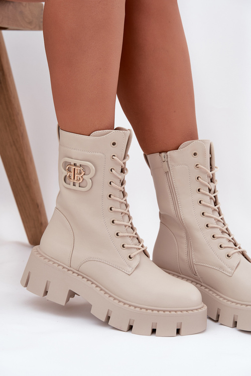 Ocieplane Botki Wokrery Damskie Z Ozdobą Jasnobeżowe Melisse