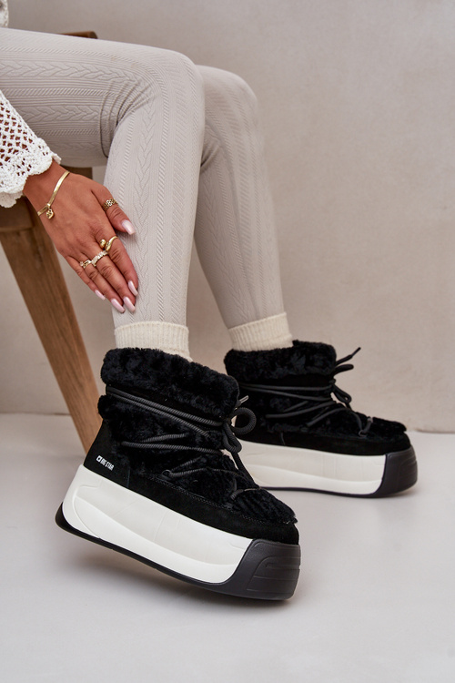 Skórzane Śniegowce Damskie Na Grubej Podeszwie Z Futerkiem Big Star OO274A206 Czarne