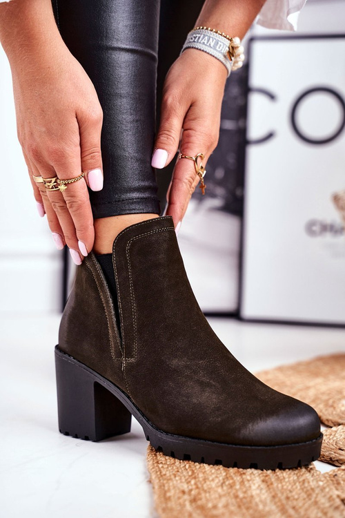 Botki Damskie Na Słupku Ciepłe Khaki Veronica