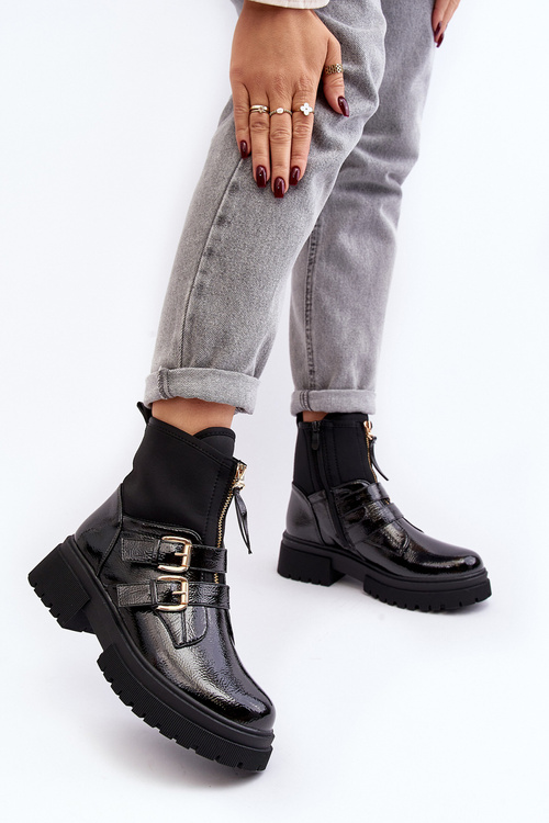 Lakierowane Botki Damskie Na Płaskim Obcasie Czarne Rellisa