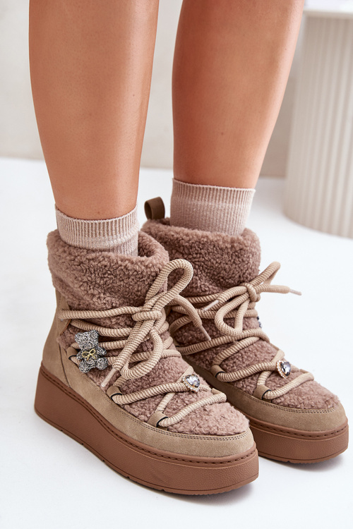 Śniegowce Damskie Z Przypinkami I Futerkiem Typu Baranek Brązowe Almatiza