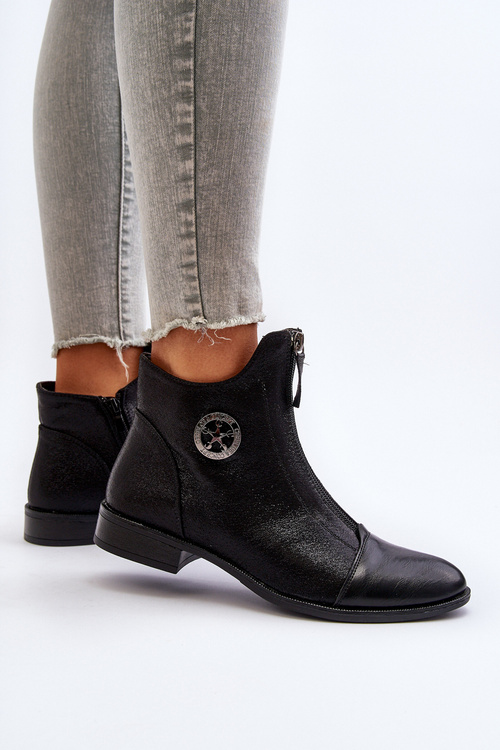 Damskie Botki Na Płaskim Obcasie Z Zamkiem Czarne Loratie