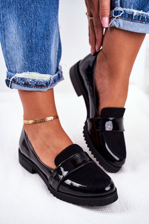 Damskie Mokasyny Lordsy Lakierowana Skóra Czarne Nicole 2589