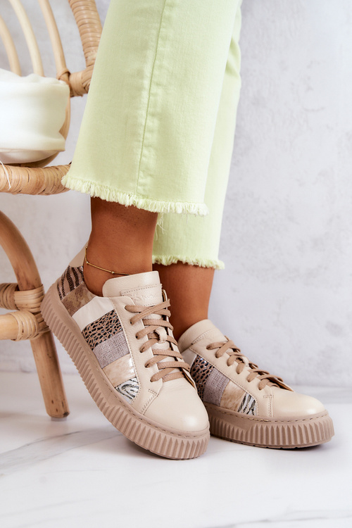 Skórzane Buty Sportowe Na Platformie Maciejka 05482-04 Beżowe