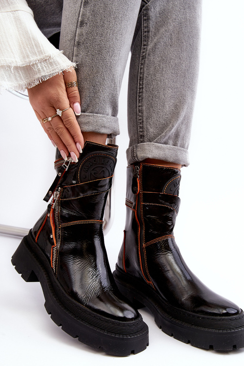 Damskie Lakierowane Skórzane Botki Z Suwakami Maciejka 06238-18 Czarne