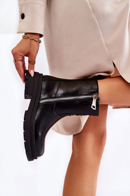 Damskie Ocieplane Botki Z Suwakami Czarne Jette